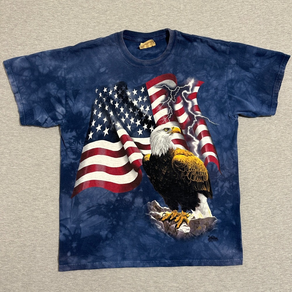 The Mountain Mens Large Blue Tie Dye Bald Eagle American Flag Graphic T-Shirt